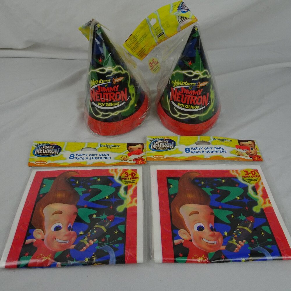 Y2K 2002 Jimmy Neutron 2 Pack of Gift Bags and 2 Pack of Party Hats.